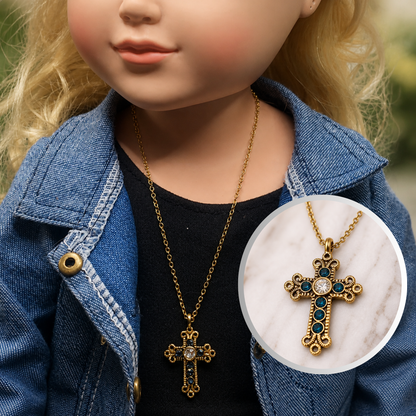 Blue Rhinestone Gold Cross Pendant Doll Necklace • 18 Inch Fashion Doll Jewelry