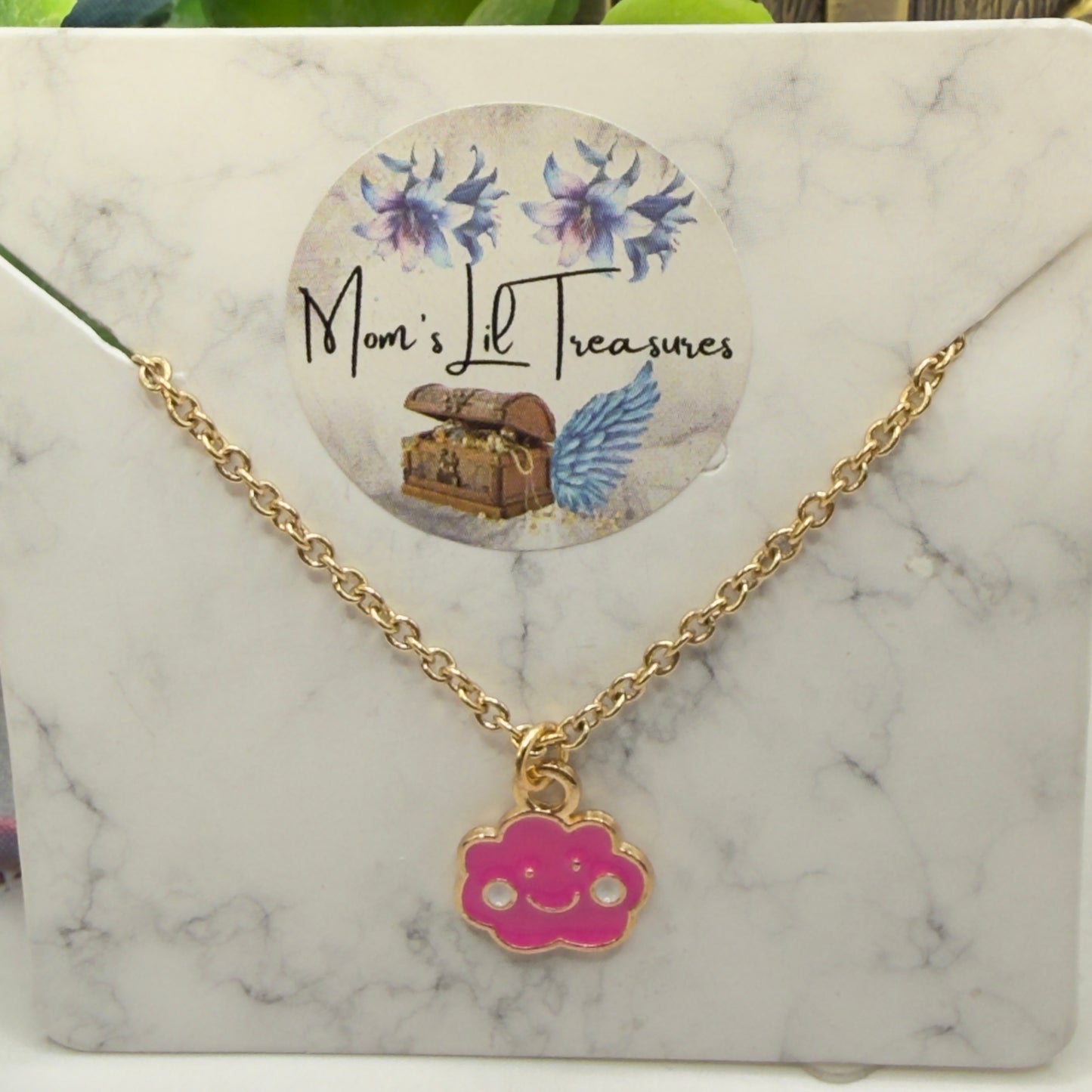 Pink Enamel Smiling Happy Cloud Charm Gold Doll Necklace • 14 Inch Fashion Doll Jewelry