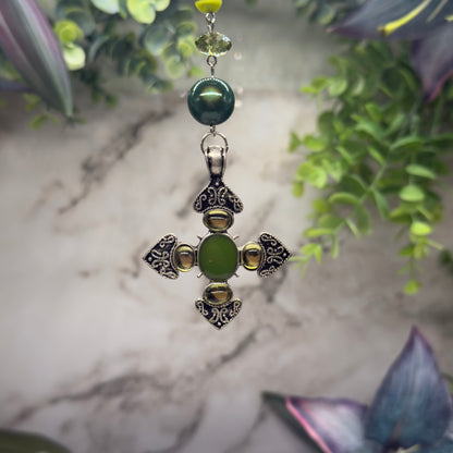 Green Cabochon Silver Cross & Green Bead Chain • Car Mirror Charm / Sun Catcher