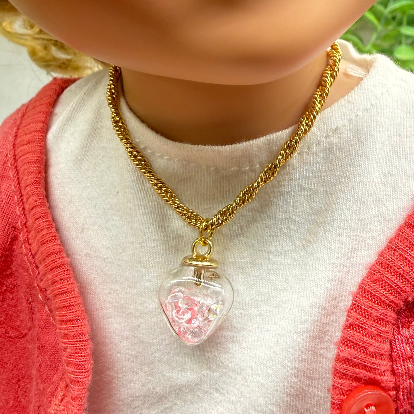 Clear Heart with Coral/Pink Crystals (Glow in Dark) on Gold Chain Doll Necklace • 18 Inch Fashion Doll Jewelry