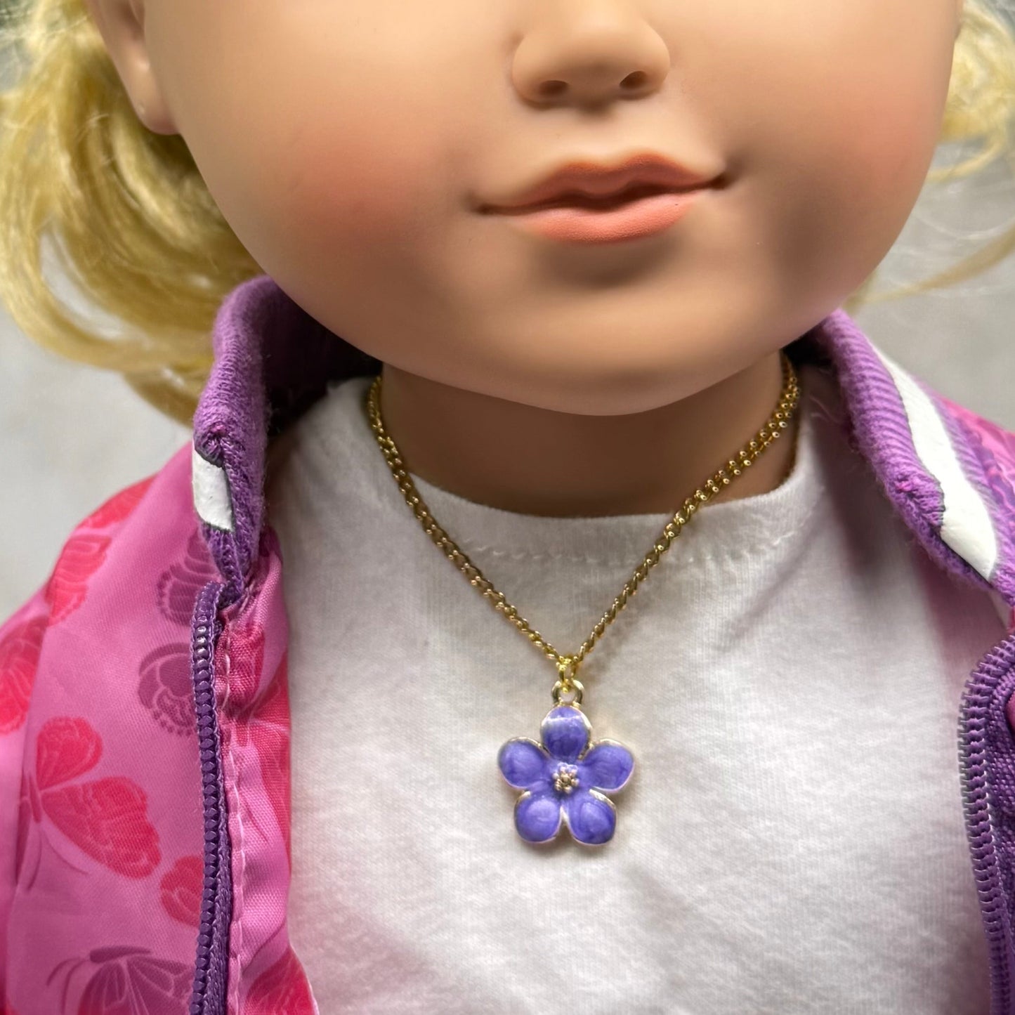 Purple Flower Charm Gold Chain Doll Necklace • 18 Inch Fashion Doll Jewelry
