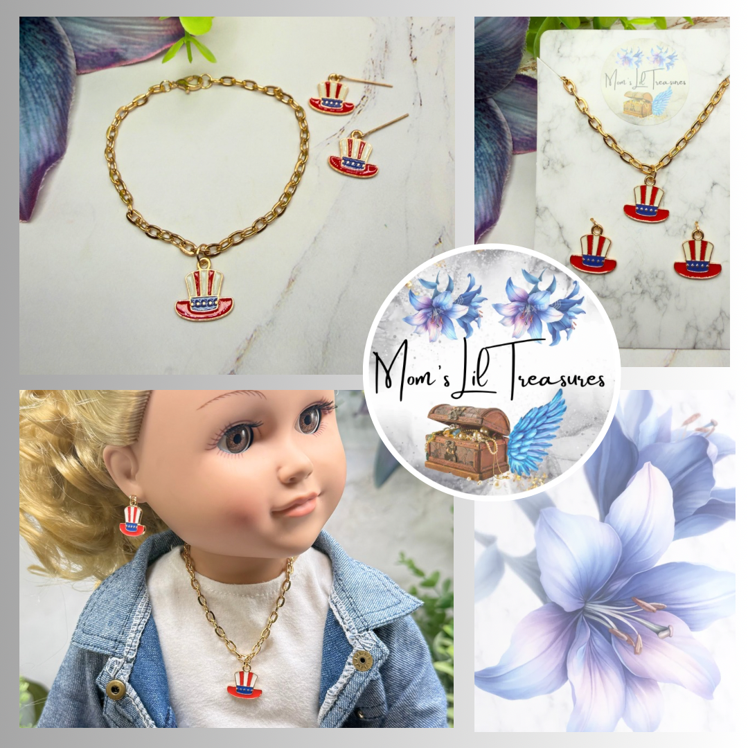 Red White Blue Patriotic Top Hat Charm Doll Necklace & Earrings for 18 Inch Fashion Doll