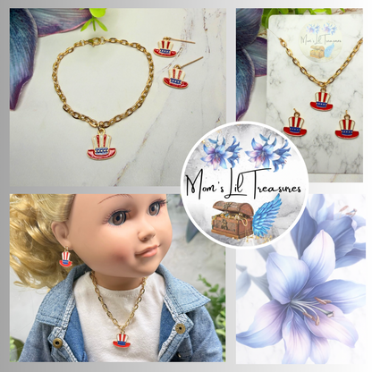 Red White Blue Patriotic Top Hat Charm Doll Necklace & Earrings for 18 Inch Fashion Doll