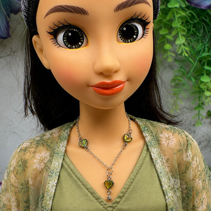 Green Multi Tone Abalone Heart Charm Y-Style Doll Necklace • 18 Inch Fashion Doll Jewelry