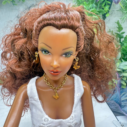 Butterfly Charm Gold Necklace Earrings Bracelet Set • 16 Inch Fashion Doll Jewelry