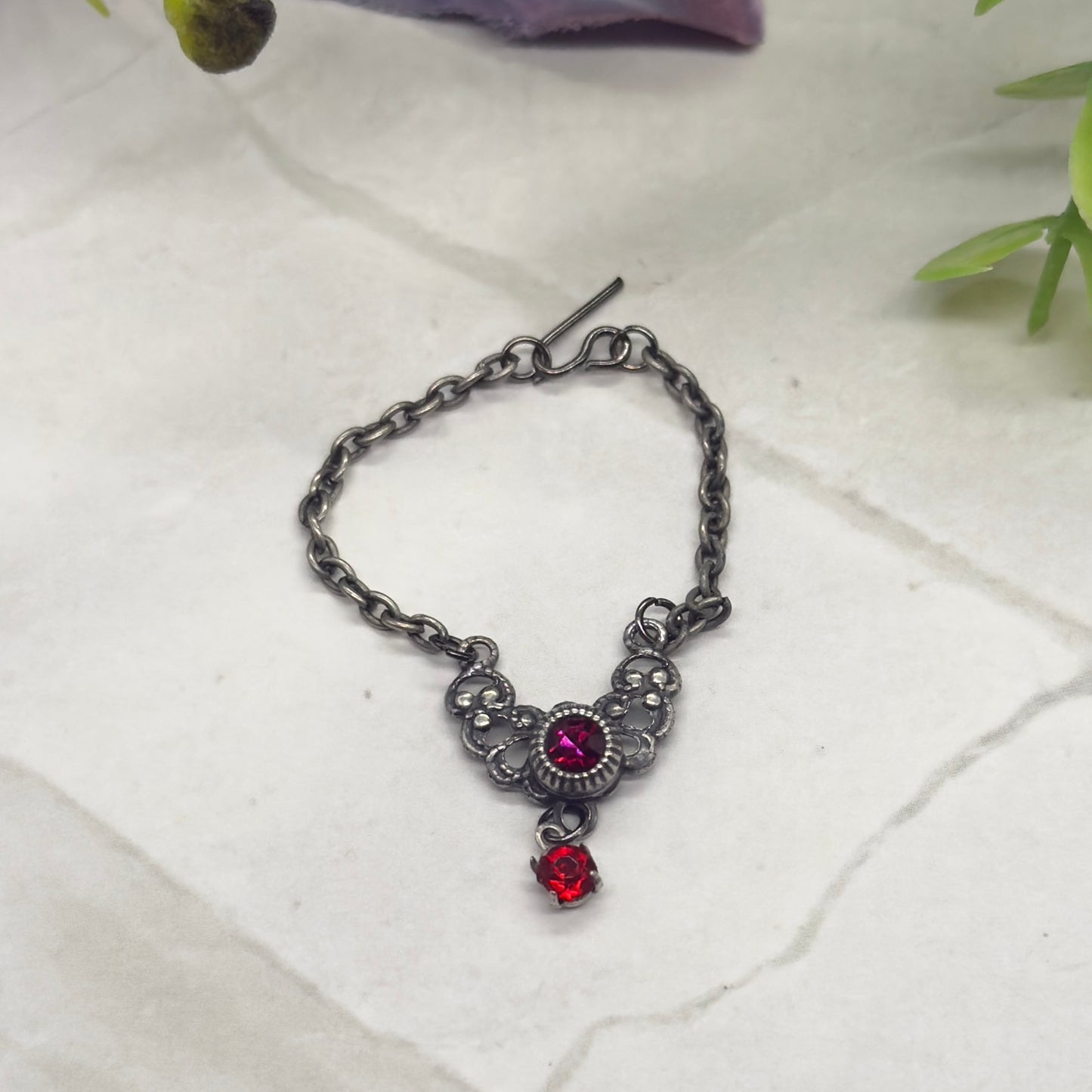 Red Rhinestone Gunmetal Silver Filigree Collar Doll Necklace • 16” Doll Jewelry