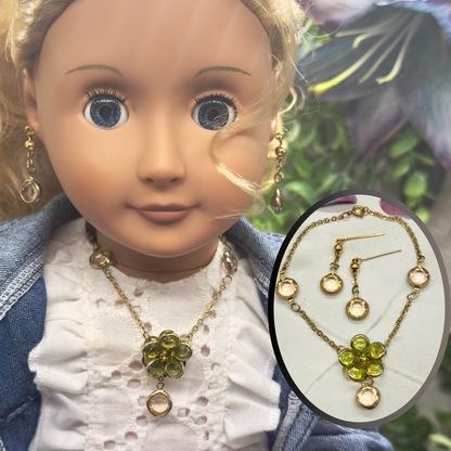 Green Yellow Crystal Flower Doll Necklace Earring Set • 18 Inch Doll Jewelry