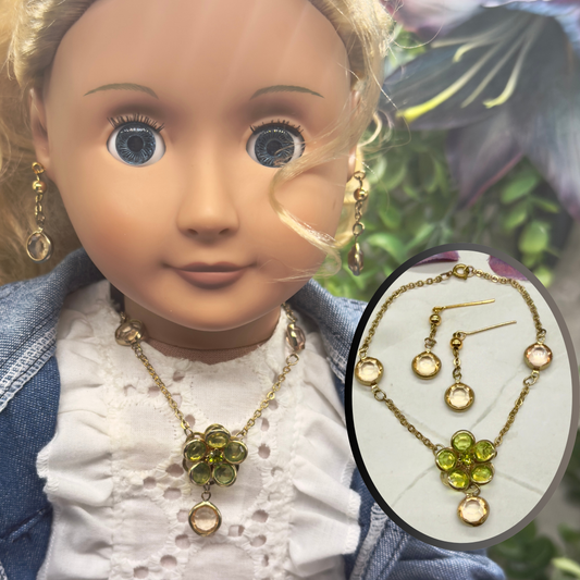 Green Yellow Crystal Flower Doll Necklace Earring Set • 18 Inch Doll Jewelry