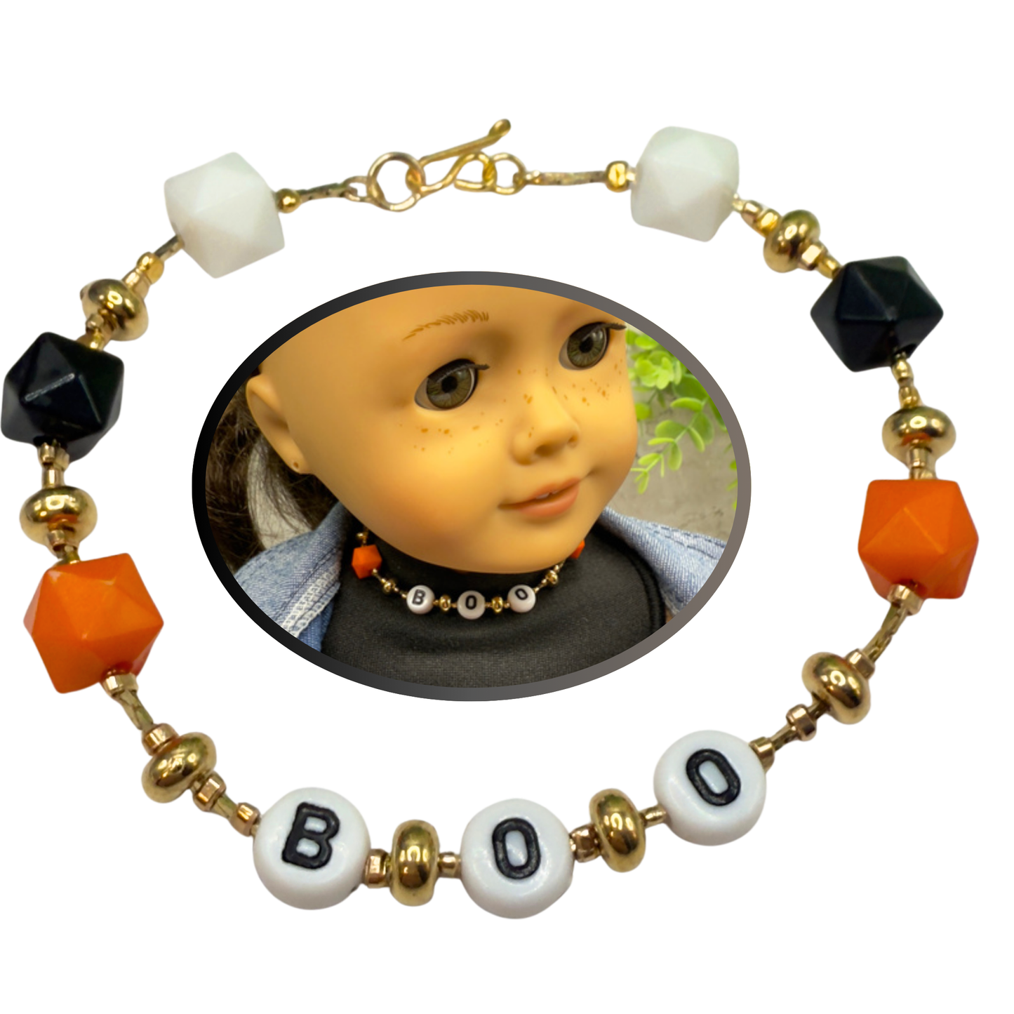 Boo Halloween Acrylic Beaded Gold Chain Doll Necklace • 18 Inch Fashion Doll Jewelry