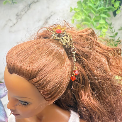 Red Rhinestone Crystal Dangles Bronze Brass Tone Metal Filigree Flower Design Doll Hair Stick • 14-18” Fashion Dolls • Doll Hair Accessories da