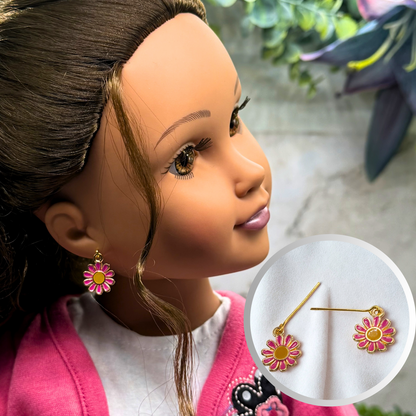 Hot Pink Daisy Flower Dangle Doll Earrings • 18 Inch Fashion Doll Jewelry