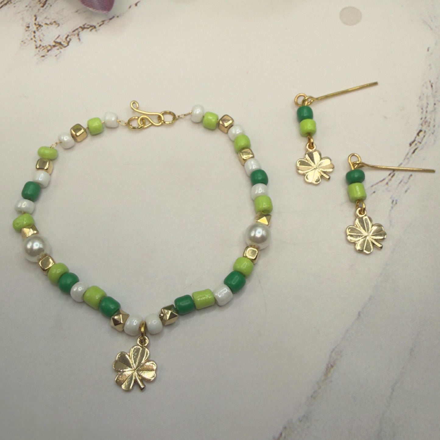 Green White Beaded Gold Shamrock Doll Necklace & Earrings Set • 18 Inch Fashion Doll Jewelry