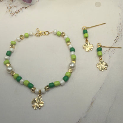 Green White Beaded Gold Shamrock Doll Necklace & Earrings Set • 18 Inch Fashion Doll Jewelry