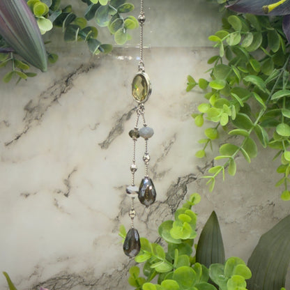 Gray Metallic Glass Crystal Dangle Silver Chain • Car Mirror Charm / Sun Catcher
