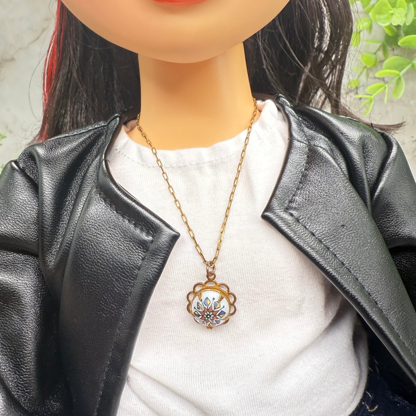Copper Tone Chain White Glass Flower Design Pendant Doll Necklace • 18 Inch Fashion Doll Jewelry
