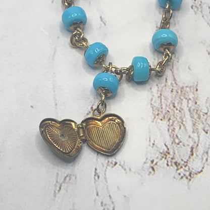 Blue Glass Beaded Heart Locket Gold Tone Chain Doll Necklace • 18” Doll Jewelry