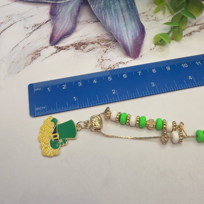 Leprechaun Hat Charm Green White Gold Beaded Doll Necklace • 18 Inch Fashion Doll Jewelry