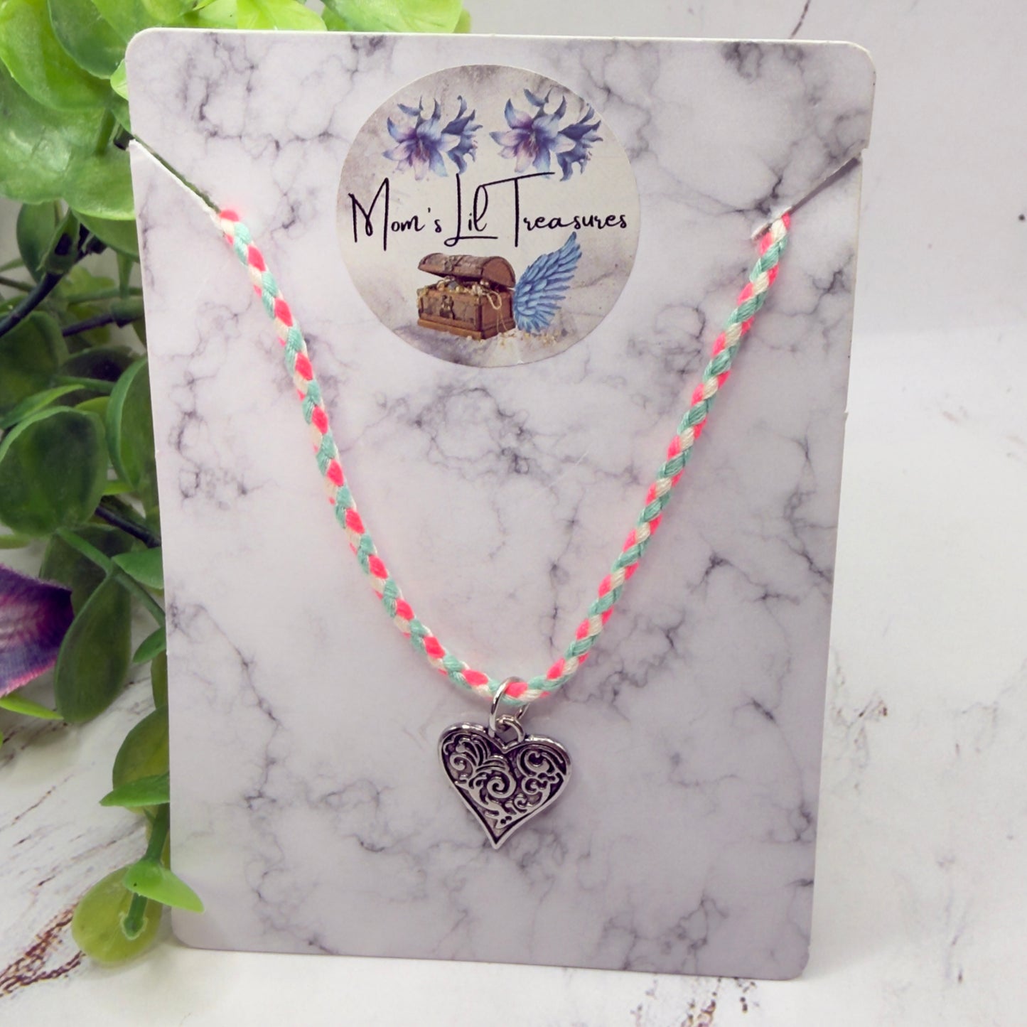 Pink Blue White Braided Thread Silver Heart yuhCharm Doll Necklace • 18 Inch Fashion Doll Jewelry