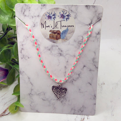 Pink Blue White Braided Thread Silver Heart yuhCharm Doll Necklace • 18 Inch Fashion Doll Jewelry