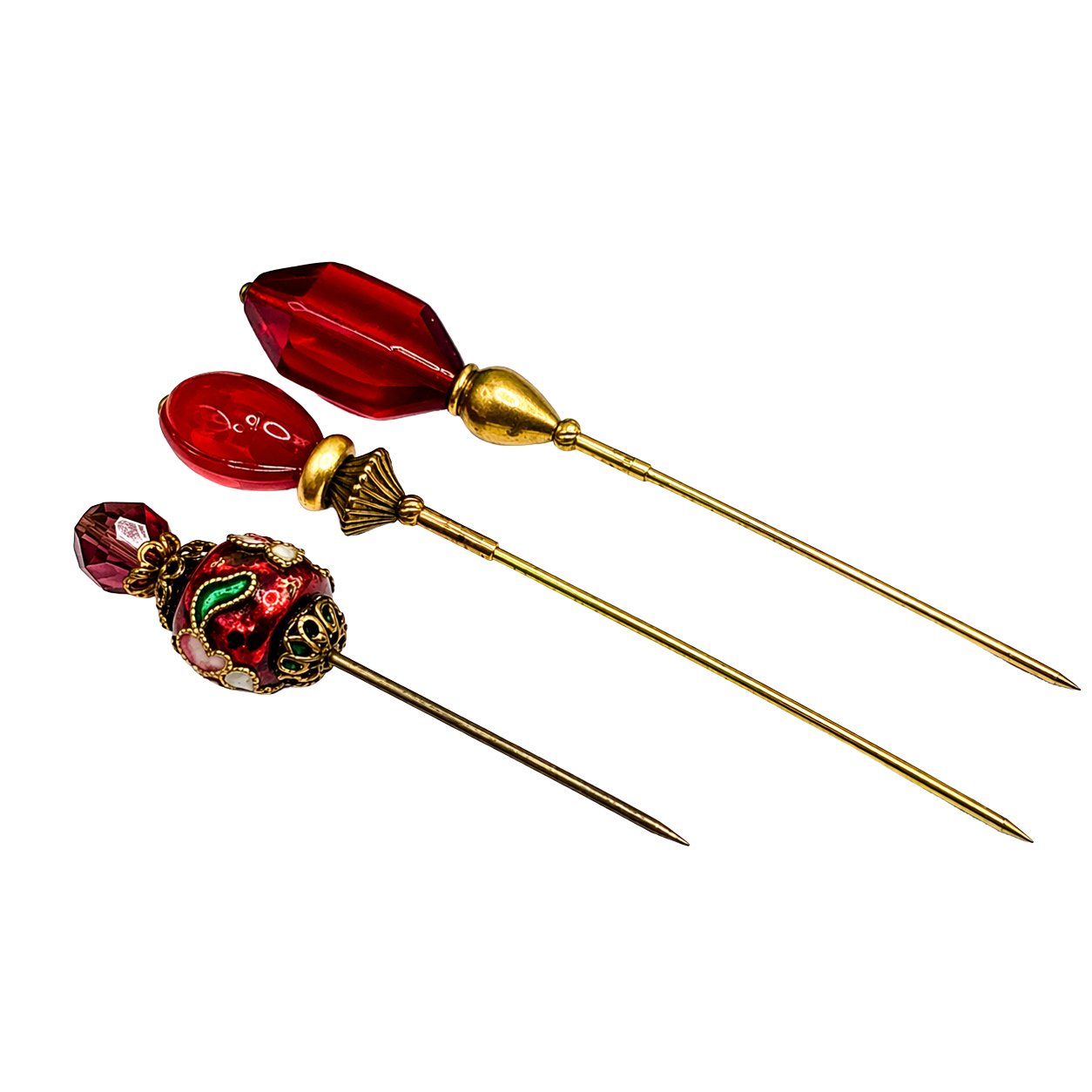 Red Glass Cloisonné Set of 3 • Stick Pins, Hatpins, Sewing pins, Gifts for Her