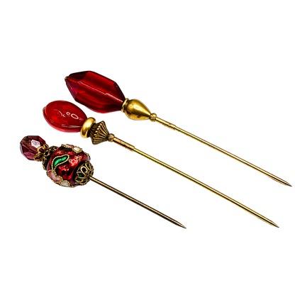 Red Glass Cloisonné Set of 3 • Stick Pins, Hatpins, Sewing pins, Gifts for Her