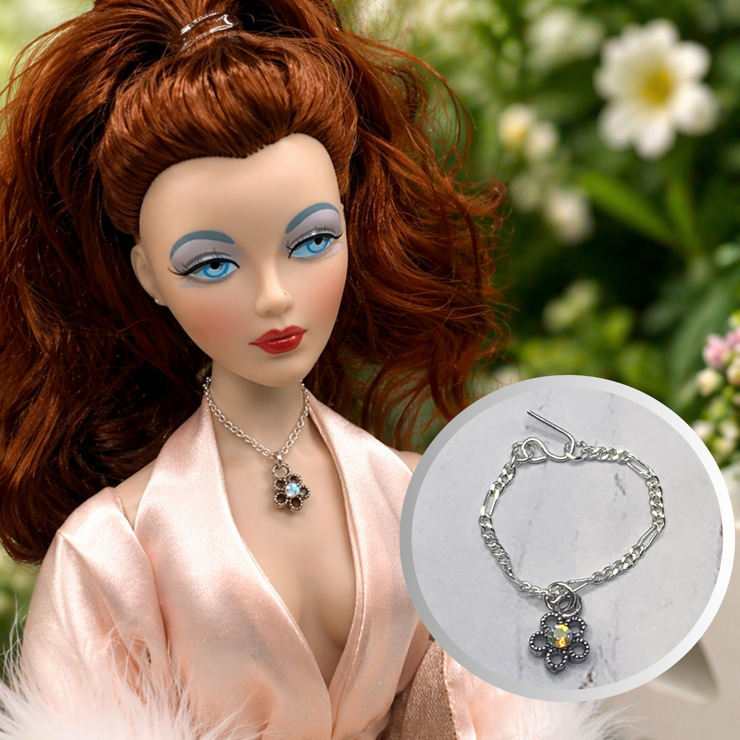 AB Rhinestone Flower Pendant Silver Chain Doll Necklace • 16 Inch Doll Jewelry
