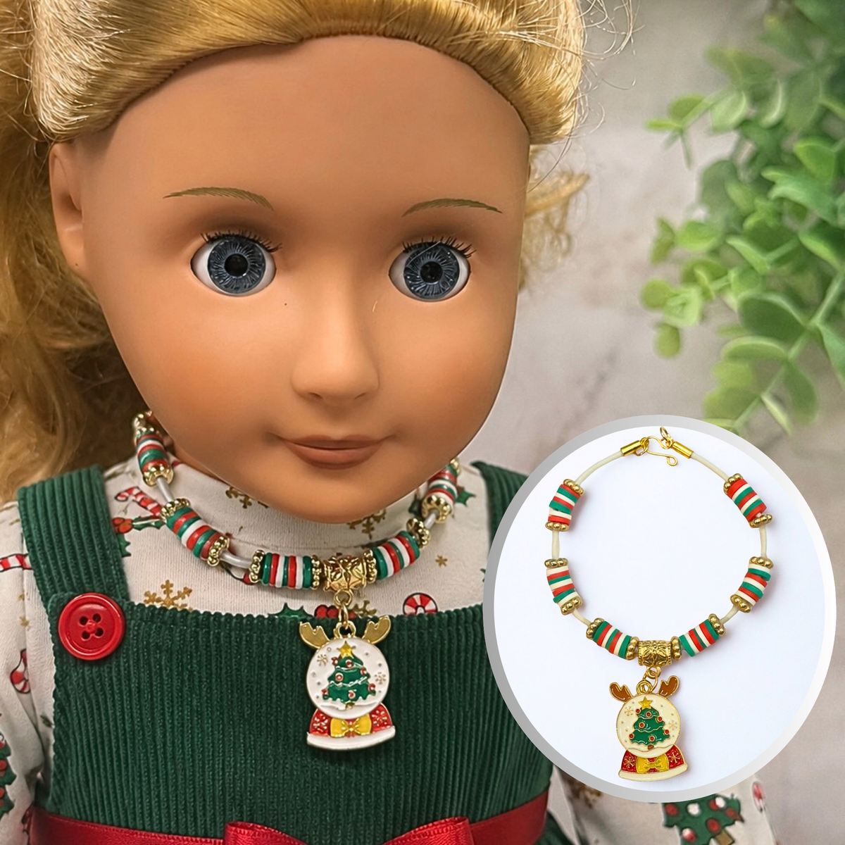 Christmas Snow Globe Charm Acrylic Beaded White Fabric Cord Doll Necklace • 18 Inch Fashion Doll Jewelry
