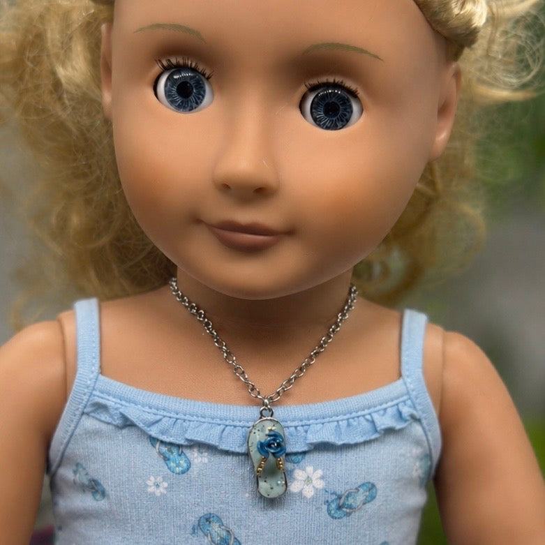 Blue Flip Flip Sandal Rose Accent Charm Silver Doll Necklace for 18 Inch Fashion Doll Jewelry
