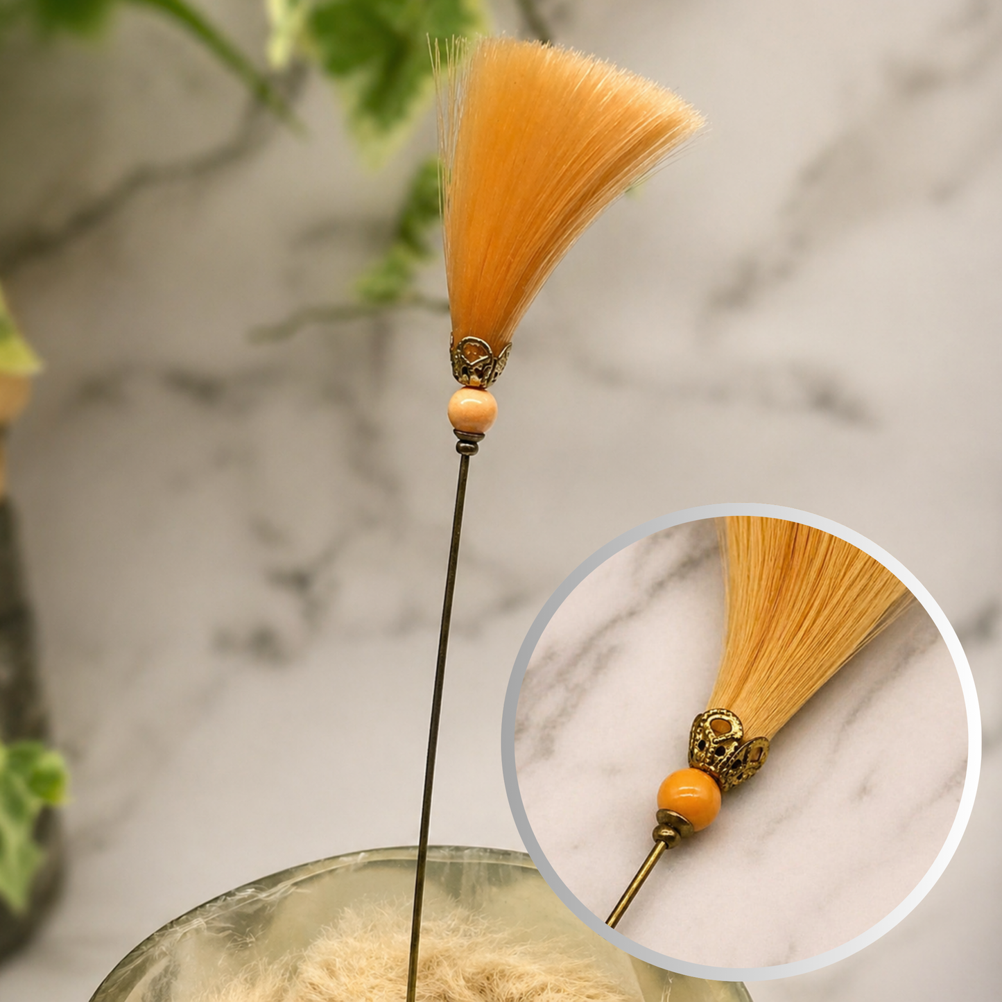 Peach Orange Fiber Tassel Broom Gold Tone Filigree • 7.25” Hatpin - Stick Pin
