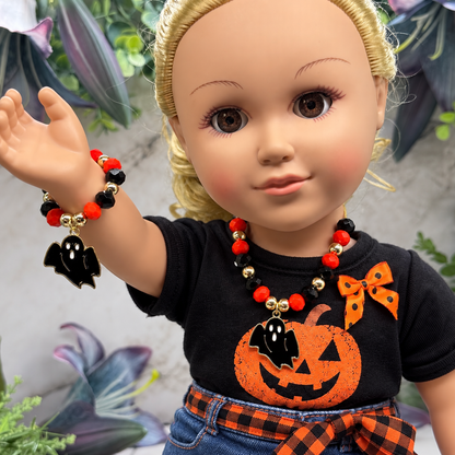 Halloween Black Ghost Charm Red Black Gold Beaded Necklace & Bracelet Set | for 18 Inch Fashion Dolls