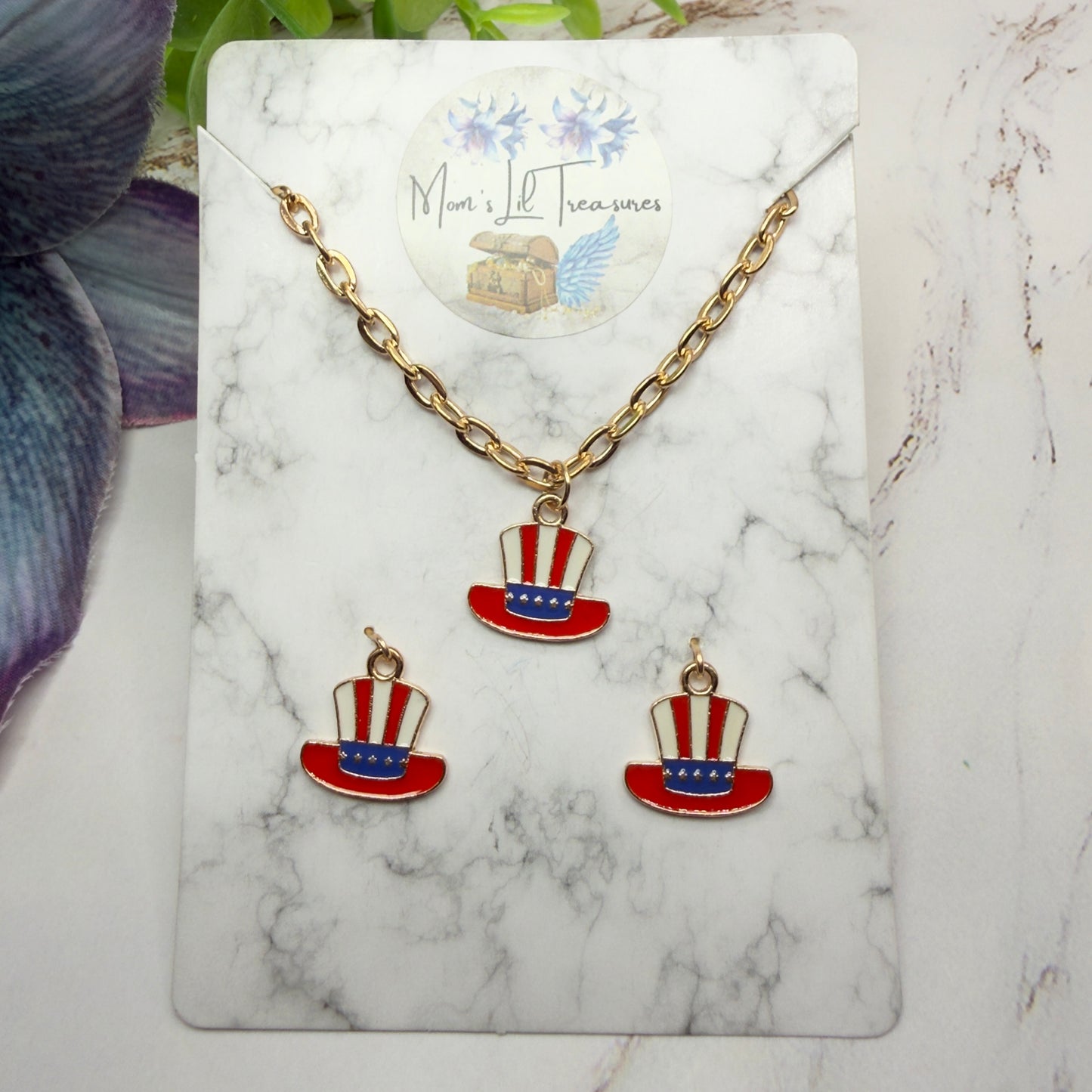Red White Blue Patriotic Top Hat Charm Doll Necklace & Earrings for 18 Inch Fashion Doll