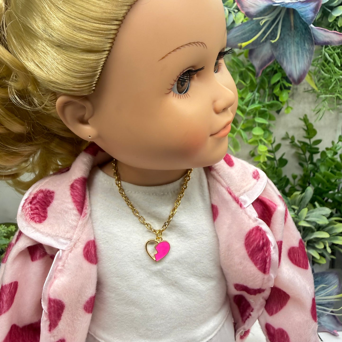 Pink Broken Heart Pendant Gold Chain Doll Necklace • 18 Inch Fashion Doll Jewelry
