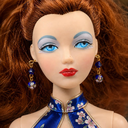 Dark Blue Cloisonné Flower Design Doll Earrings • 16 Inch Fashion Doll Jewelry