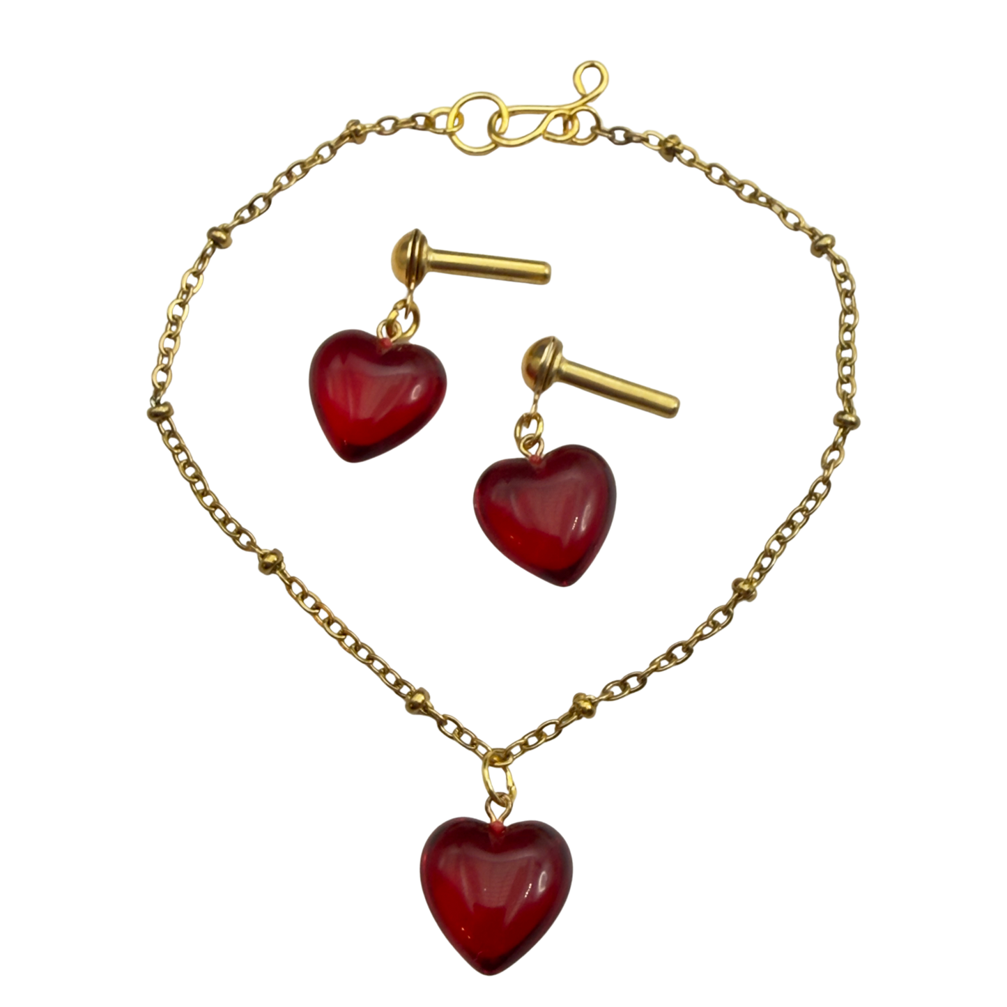 Red Burgundy Heart Pendant Gold Chain Doll Necklace & Earrings • 2mm Post for 18 Inch Fashion Doll