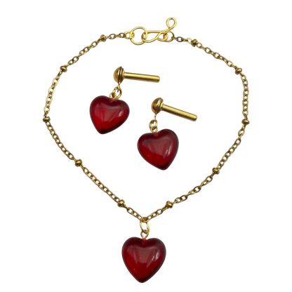 Red Burgundy Heart Pendant Gold Chain Doll Necklace & Earrings • 2mm Post for 18 Inch Fashion Doll
