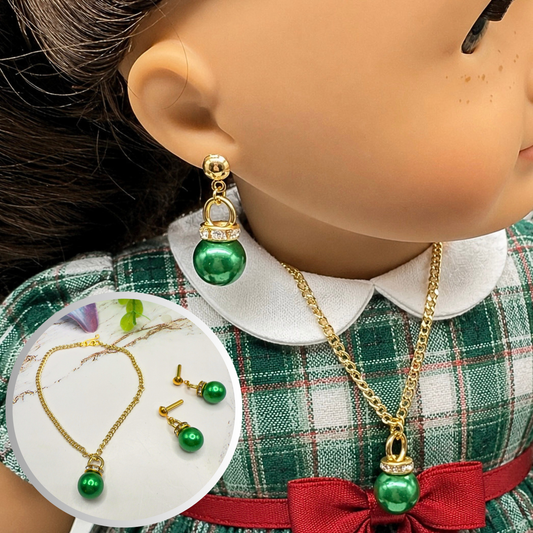 Green Christmas Ball Ornament Charm Doll Necklace & Dangle Doll Earrings • 2mm Post for 18 Inch Fashion Doll