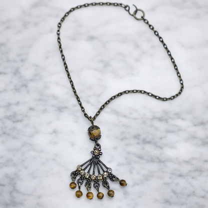 Bronze Fan Design Brown Bead Dangle Pendant Doll Necklace • 18 inch Doll Jewelry