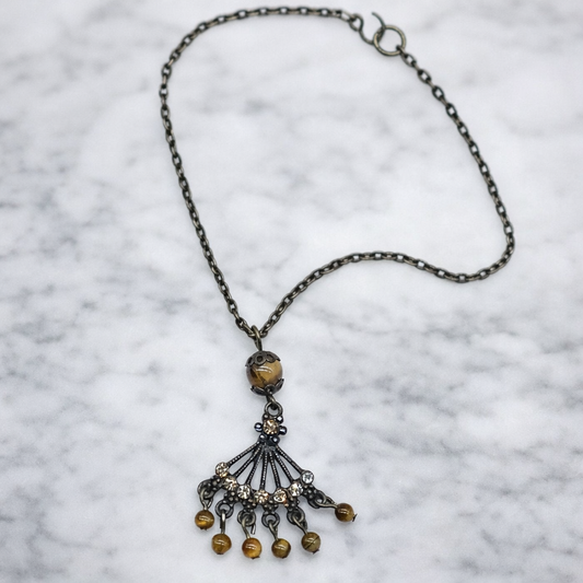Bronze Fan Design Brown Bead Dangle Pendant Doll Necklace • 18 inch Doll Jewelry