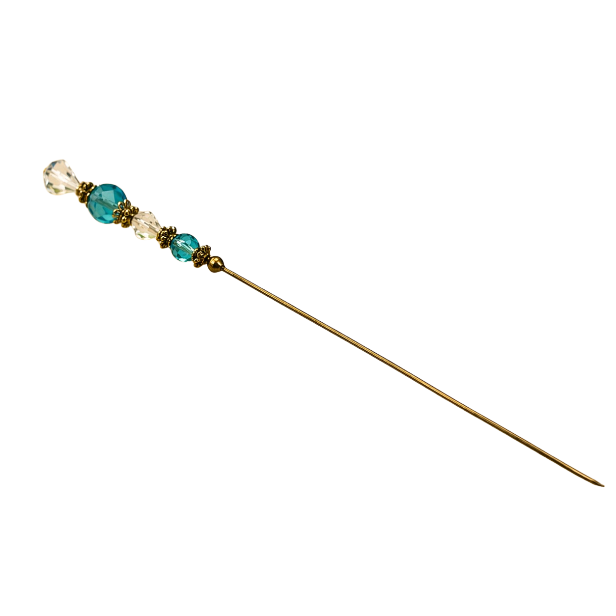 Turquoise Blue & Clear Crystal - Gold Tone Findings- 6” Pin • Hatpin - Stick Pin