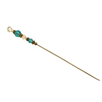 Turquoise Blue & Clear Crystal - Gold Tone Findings- 6” Pin • Hatpin - Stick Pin