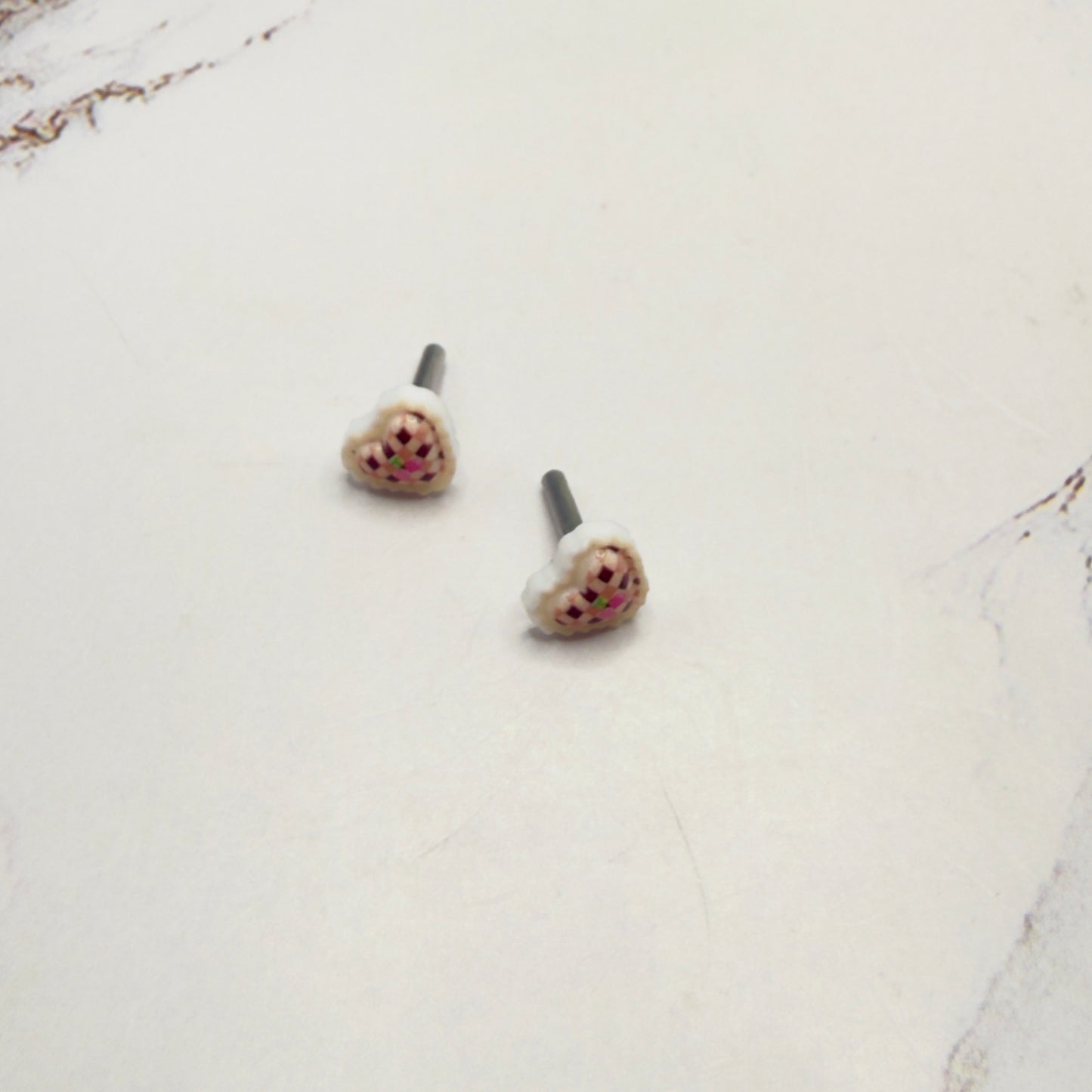 Pink Beige Lattice Design Heart Post Doll Earrings • 2mm Post for 18 Inch Fashion Doll