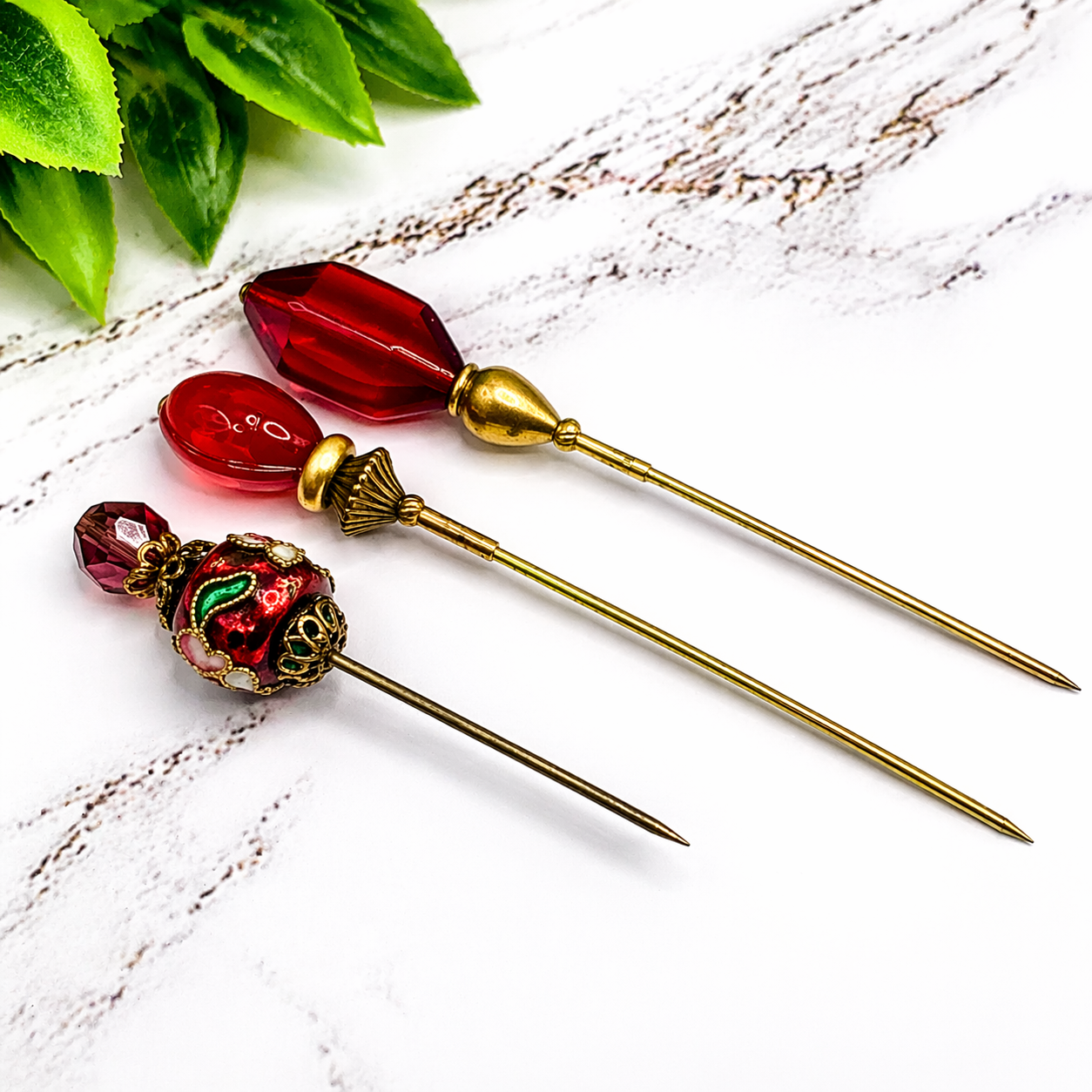 Red Glass Cloisonné Set of 3 • Stick Pins, Hatpins, Sewing pins, Gifts for Her