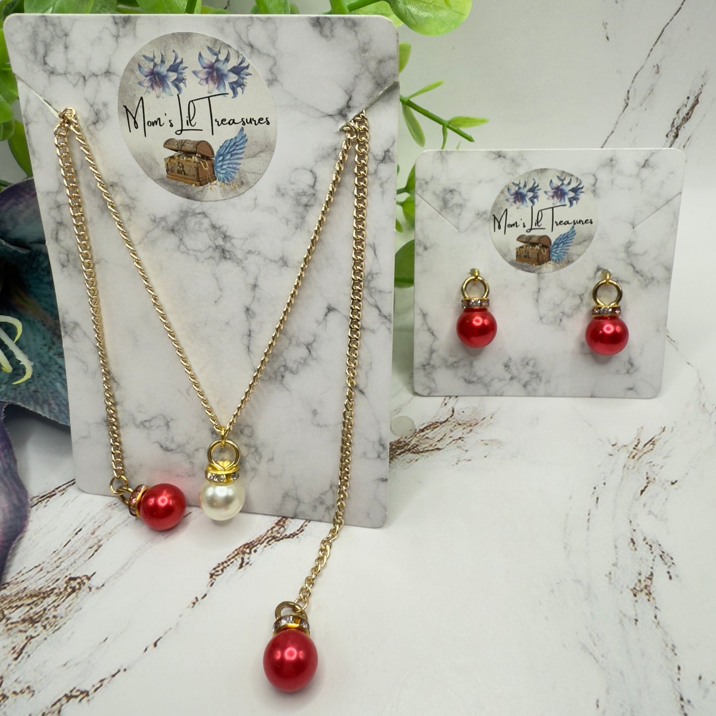 Red Pearl Christmas Ornament Layer Doll Necklace & Earrings • 18 Inch Fashion Doll Jewelry