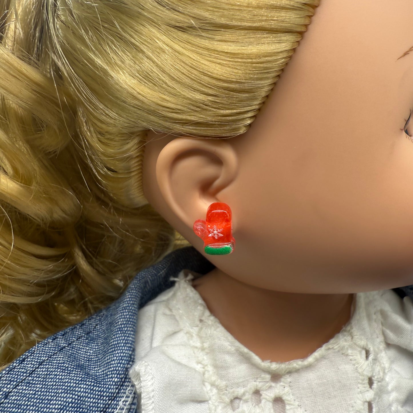 Red Christmas Mitten Silicone / Plastic Post Doll Earrings • 18 Inch Fashion Doll Jewelry