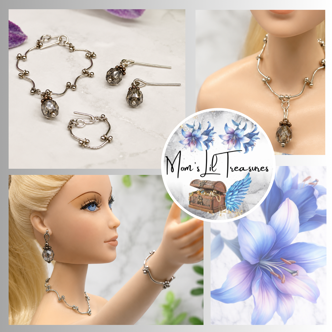 Grayish Green Crystal Silver Chain Doll Necklace Earring Bracelet Set • 16” Doll Jewelry