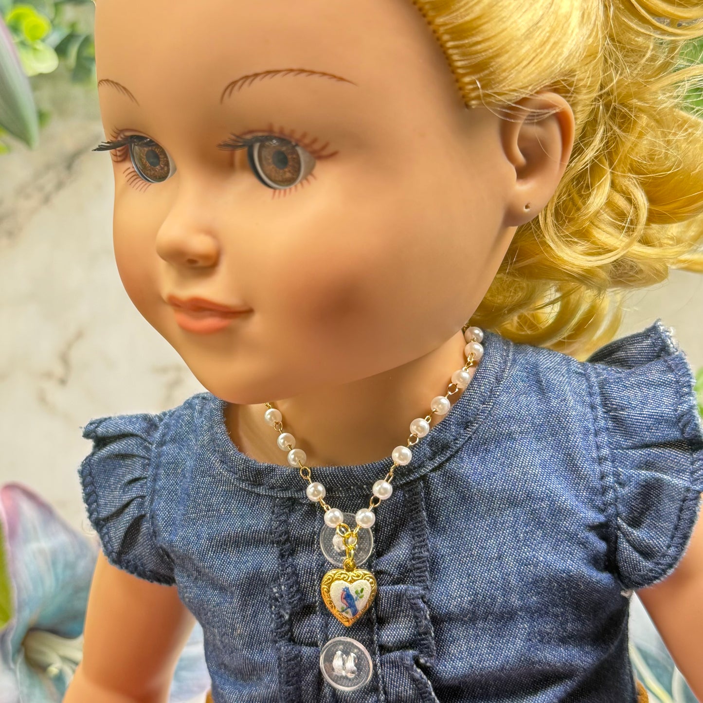 Blue Bird Design Gold Heart Charm Pearl Beaded Doll Necklace • 18 Inch Fashion Doll Jewelry