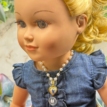 Blue Bird Design Gold Heart Charm Pearl Beaded Doll Necklace • 18 Inch Fashion Doll Jewelry