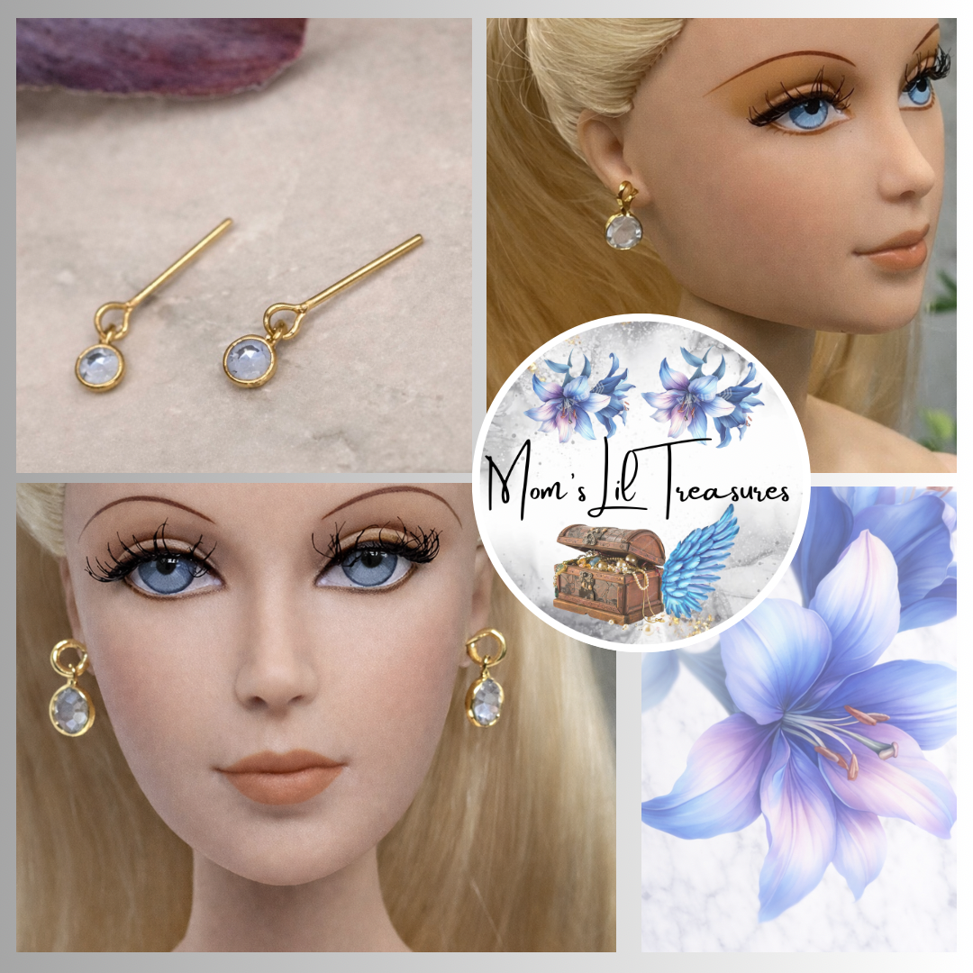Round Blue Crystal Gold Dangle Doll Earrings •  16” Doll Jewelry