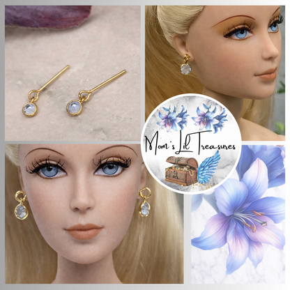 Round Blue Crystal Gold Dangle Doll Earrings •  16” Doll Jewelry