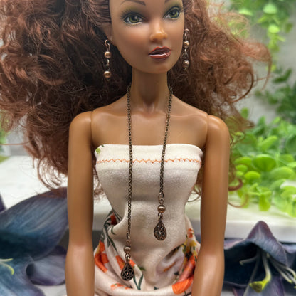 Copper Color Teardrop Dangle Wrap Doll Necklace Earring Set • 16” Doll Jewelry